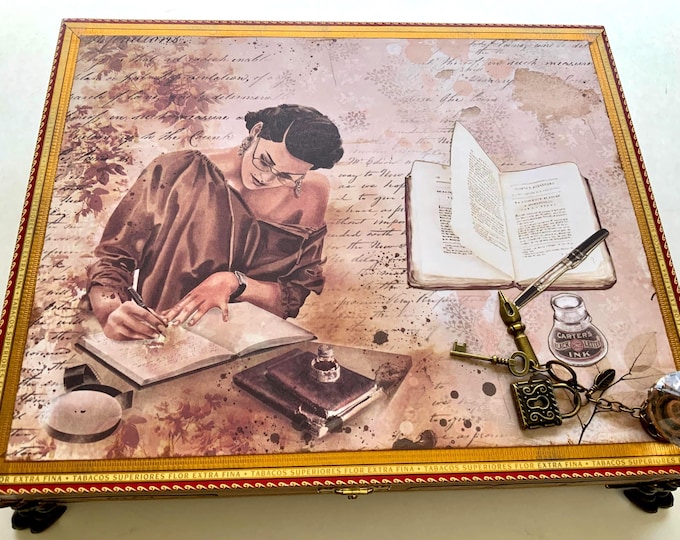 Writer’s Keepsake Box – Decorated Cigar Box, Typewriter & Books  –  Literary Gift Handmade, The Muse - Free Shipping