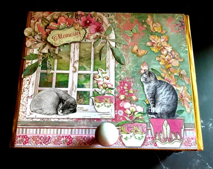 Handmade Cats & Orchids Keepsake Box – Vintage Garden Decor with Tabby Cats, Floral Art and Paw Prints