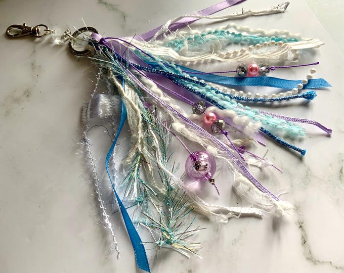 Frozen Inspired Mixed Fiber Tassel Bag Charm – Handmade Keychain in Icy Blue, White & Lavender with Beads – Free Shipping