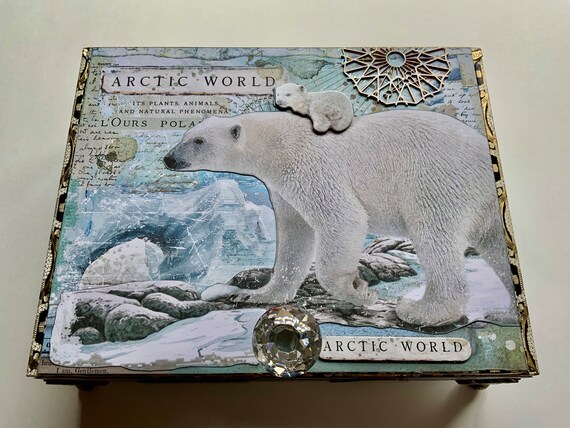 Arctic Animals Decorated Cigar Box, Repurposed Cigar Box, Mixed Media Altered Cigar Box, Upcycled Cigar Box, Embellished Cigar Box