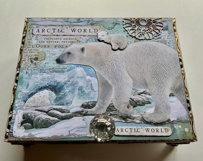 Winter Arctic Polar Bear Keepsake Box, Penguin Memory Chest, Upcycled Cigar Box with Crystal Knob, Handmade Christmas Gift, Arctic Animals
