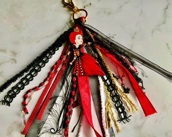 Red Queen Purse Tassel, Alice in Wonderland Journal Tassel, Zipper Pull, Fan Tassel, Fiber Art Tassel, Junk Journal Tassel, Purse Charm
