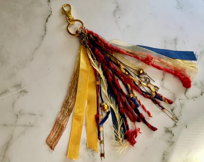 Royal Key Tassel Bag Charm – Mixed Fiber Keychain in Red, Gold & Navy with Antique Keys, Beads and Ribbons – Free Shipping