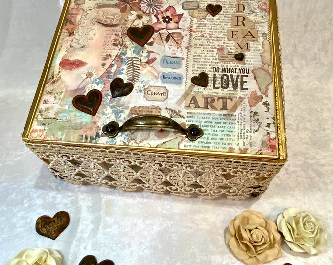 Dreamy Art-Inspired Decorated Cigar Box – Mixed Media Memory Box with Lace, Hearts & Vintage Collage
