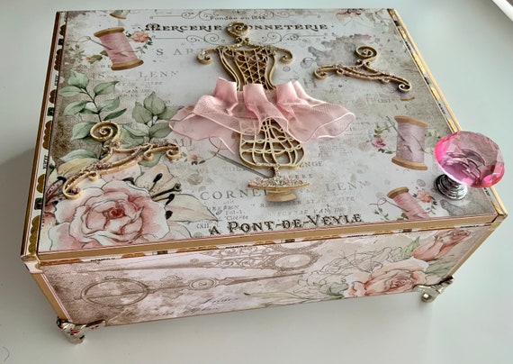 Vintage Sewing Theme Jewelry Box – French Dress Form Décor, Upcycled Cigar Box with Pink Skirt, Feminine Gift for Seamstress