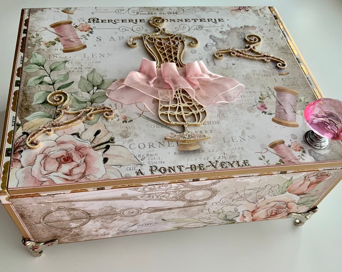 Vintage Sewing Theme Jewelry Box – French Dress Form Décor, Upcycled Cigar Box with Pink Skirt, Feminine Gift for Seamstress