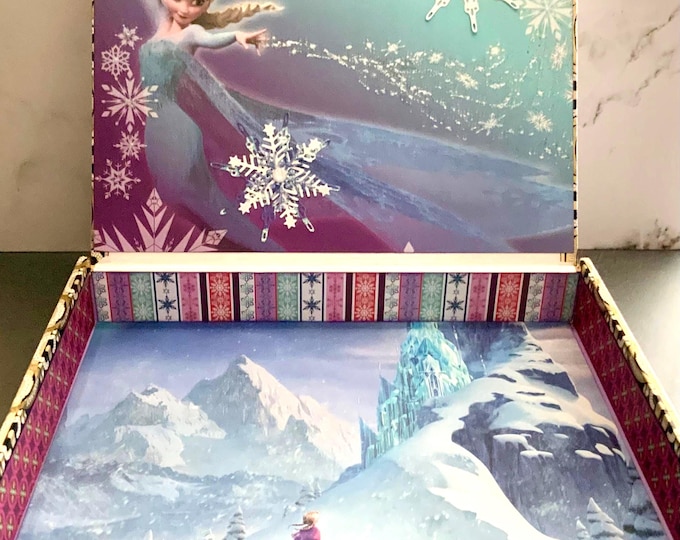Elsa Winter Princess Keepsake Box – Handmade Decorated Cigar Box with Snowflakes, Crystal Knob & Silver Feet – Free Shipping