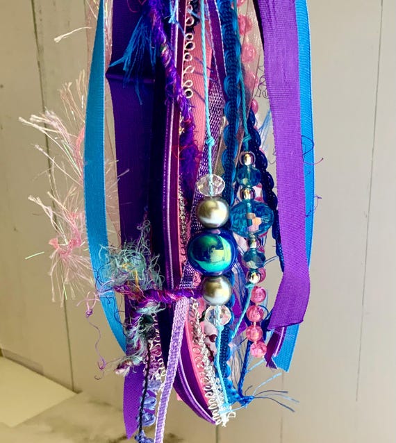 Boho Tassel - Handmade Beaded Ribbon Tassel in Purple, Blue & Pink - Mixed Fiber Art, Journal Charm, Bag Clip, Decor Accent
