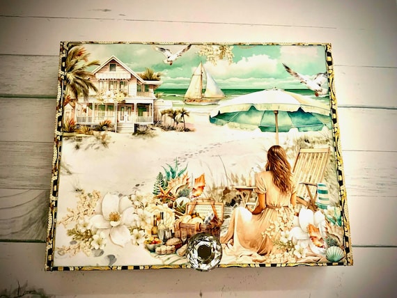 Beach Cottage Decorated Cigar Box - Handmade Coastal Keepsake Box with Vintage Beach Scene - Aesthetically Altered Cigar Box- Feminine Decor