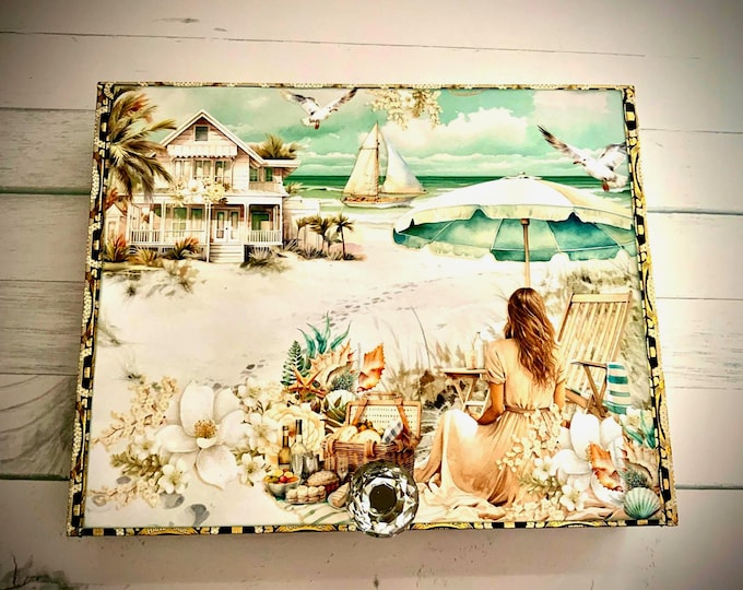 Coastal Beach Decorated Cigar Box - Handmade Vintage Keepsake Box - Coastal Gift Box - Beach House Decor - Nautical Jewelry Box