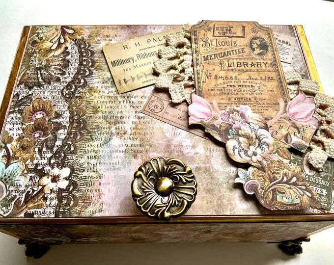 Vintage Sewing Decorated Cigar Box – Shabby Chic Keepsake, Victorian Handmade Jewelry Box
