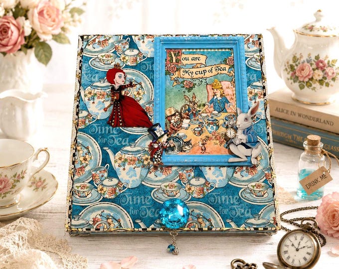 Large Alice in Wonderland Decorated Cigar Box – Blue Tea Party Memory Box – Handcrafted Storybook Keepsake – Ships Free in the U.S.
