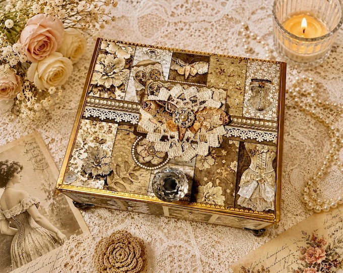 Victorian Decorated Cigar Box – Lace & Pearl Jewelry Box, Vintage-Inspired Memory Keepsake, Shabby Chic - Free Shipping