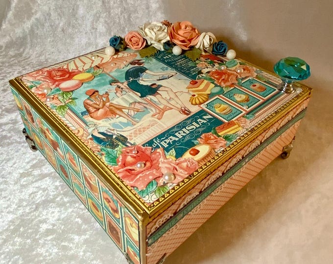 Café Parisian Decorated Cigar Box – Graphic 45 | French Patisserie Keepsake Box | Macaron & Rose Design | Gift for Her | Free Shipping