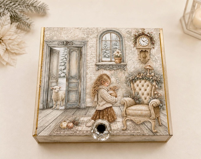 White Christmas Keepsake Box, Vintage Winter Scene Memory Box, Customizable Lid