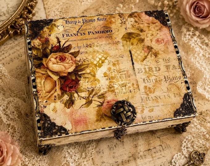 Floral Butterfly Decorated Cigar Box – Romantic Roses Shabby Chic, Jewelry Keepsake Box, Music Script - Free Shipping