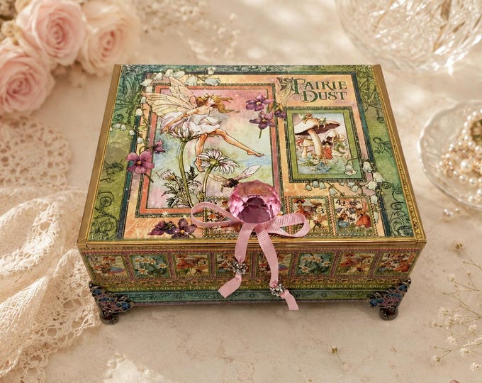 Fairy Keepsake Box – Graphic 45 Fairie Dust Decorated Cigar Box with Pink Knob & Metal Feet Whimsical Fairy Keepsake Box – Free Shipping