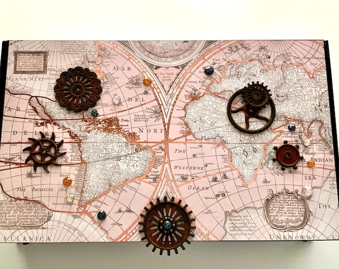 World Map Decorated Cigar Box – Steampunk Rusty Gears — Upcycled Keepsake Jewelry Box