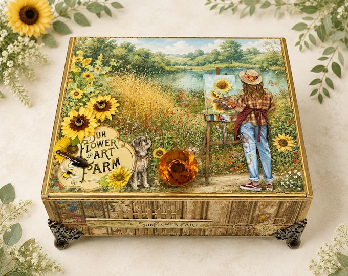 Sunflower Farmhouse Decorated Cigar Box –  Garden & Artist Gift, Handmade Cottagecore Storage - Free Shipping in US