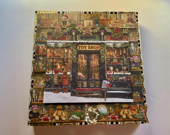 Toy Shop Christmas Decorated Cigar Box – Apx 10x10x1.5” Square Box, Vintage Toy Storefront, Glitter Snow Accents – Mock Up