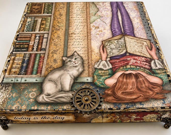 Whimsical Book Lover Decorated Cigar Box – Steampunk – Vintage Library Storage Box - Teen Keepsake - Ships Free in US