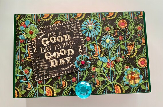 Friendship Decorated Cigar Box, Keepsake Storage Box for Greeting Cards, Cheerful Jewelry Box, Altered Box, Repurposed Cigar Box