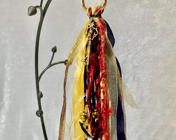 Royal Key Tassel Bag Charm – Mixed Fiber Keychain in Red, Gold & Navy with Antique Keys, Beads and Ribbons – Free Shipping