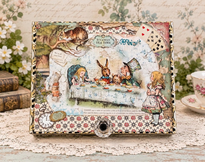 Lg Alice in Wonderland Tea Party Keepsake Box, Handcrafted Memory Jewelry Storage (10x8x2)