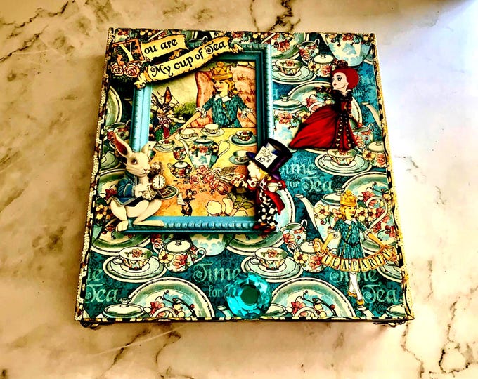 Lg Alice in Wonderland Decorated Cigar Box – Handmade Jewelry Box – Whimsical Keepsake Gift