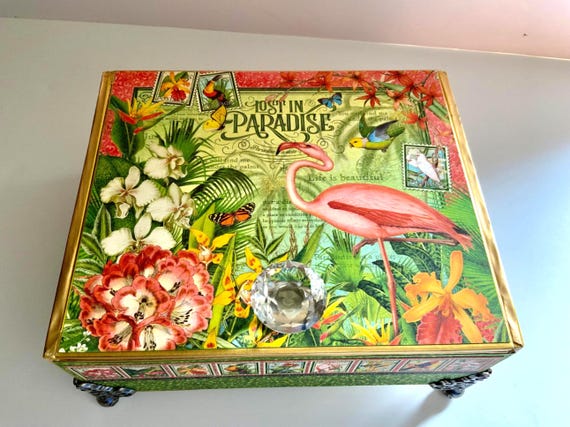 Tropical Flamingo Decorated Cigar Box – “Lost in Paradise” Jungle Theme Jewelry Storage with Crystal Knob + Gold Feet –Handmade Upcycled Box
