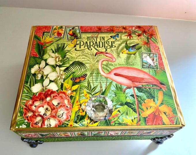 Tropical Flamingo Decorated Cigar Box – “Lost in Paradise” Jungle Theme Jewelry Storage with Crystal Knob + Gold Feet –Handmade Upcycled Box