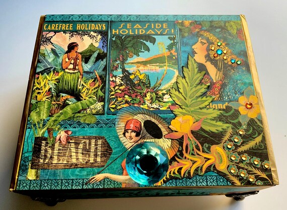 Tropical Travel Decorated Cigar Box – Handmade Beach Jewelry Box with Vintage Island Vibes – Upcycled Coastal Gift, Repurposed Cigar Box