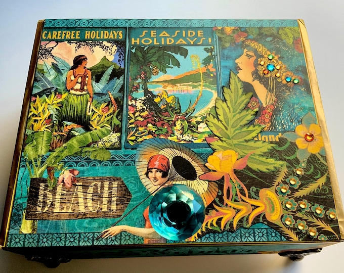Tropical Travel Decorated Cigar Box – Handmade Beach Jewelry Box with Vintage Island Vibes – Upcycled Coastal Gift, Repurposed Cigar Box