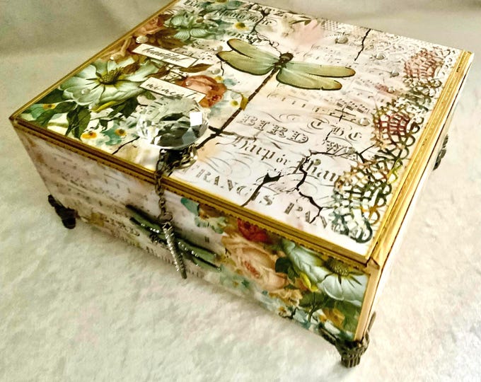 Dragonfly Keepsake Box: Vintage Music Sheet Art, Crystal Knob