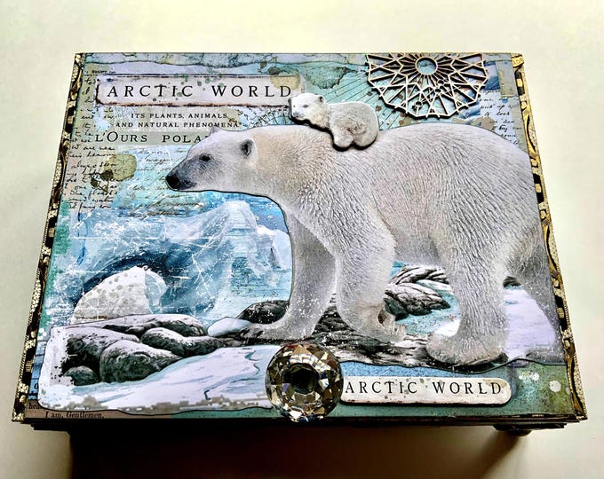 Winter Arctic Polar Bear Keepsake Box, Penguin Memory Chest, Upcycled Cigar Box with Crystal Knob, Handmade Christmas Gift, Arctic Animals