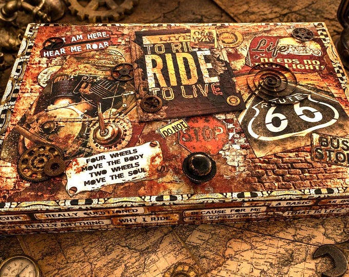 Rustic Steampunk Cigar Box: Route 66 Motorcycle Decor, Free Shipping in US