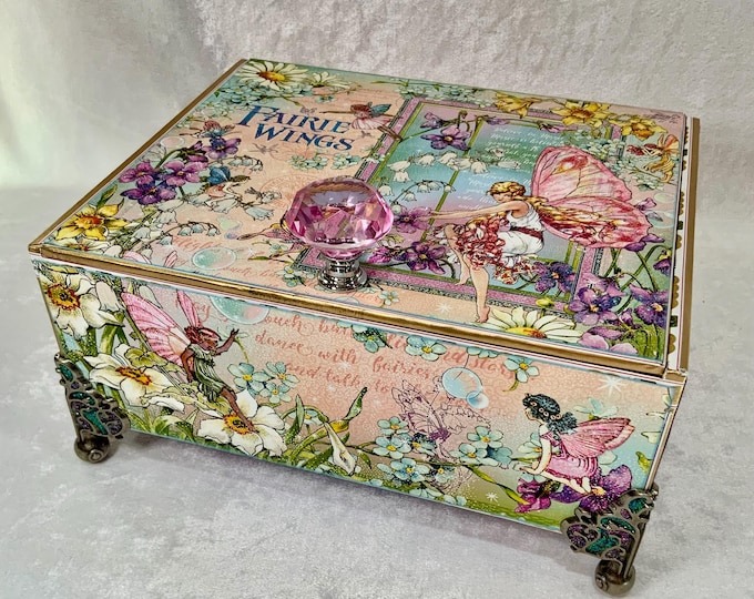 Fairy Wings Decorated Cigar Box – Handmade Enchanted Garden Keepsake Box with Butterflies, Fairies, and Jewel Handle – Graphic 45