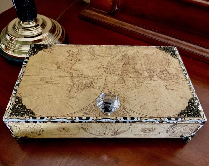 Masculine Map Decorated Cigar Box, Vintage Travel Keepsake Box, Gift for Him, Leather Lined Memory Box, Free Shipping in US
