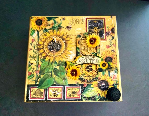 Let It Bee Decorated Cigar Box | Handmade Sunflower & Bee Keepsake Box | Upcycled Gift Box | Bee Theme Cottagecore Storage, Repurposed Box
