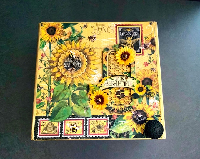 Let It Bee Decorated Cigar Box | Handmade Sunflower & Bee Keepsake Box | Upcycled Gift Box | Bee Theme Cottagecore Storage, Repurposed Box