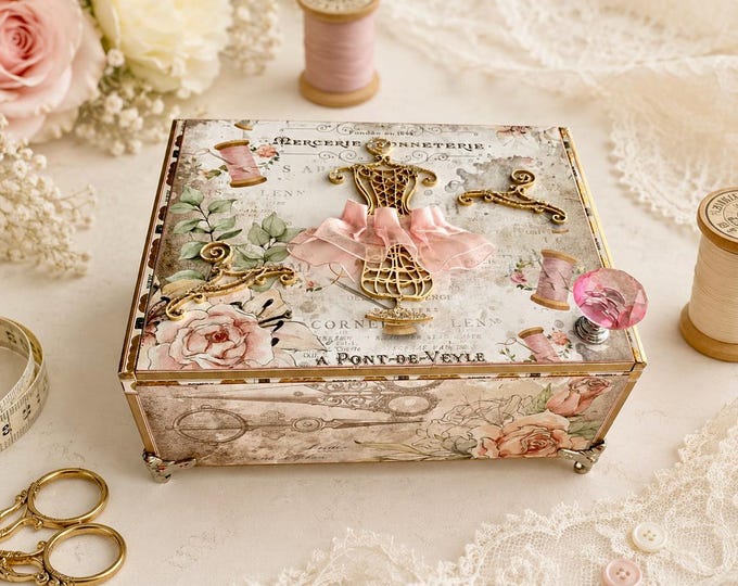 Sewing Theme Jewelry Box: French Dress Form Decor, Decorated Cigar Box, Millenary Keepsake - Free Shipping