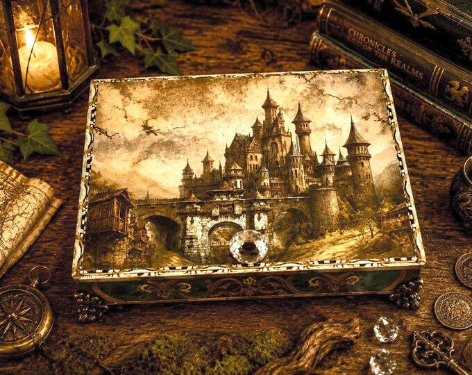 Fantasy Dragon Decorated Cigar Box, Medieval Castle Keepsake, Mystical Dragon Decor, Gothic Gift