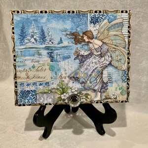 Winter Tales Decorated Cigar Box – Fairy Winter Scene Keepsake Box with Glass Knob, Blue Winter Decor