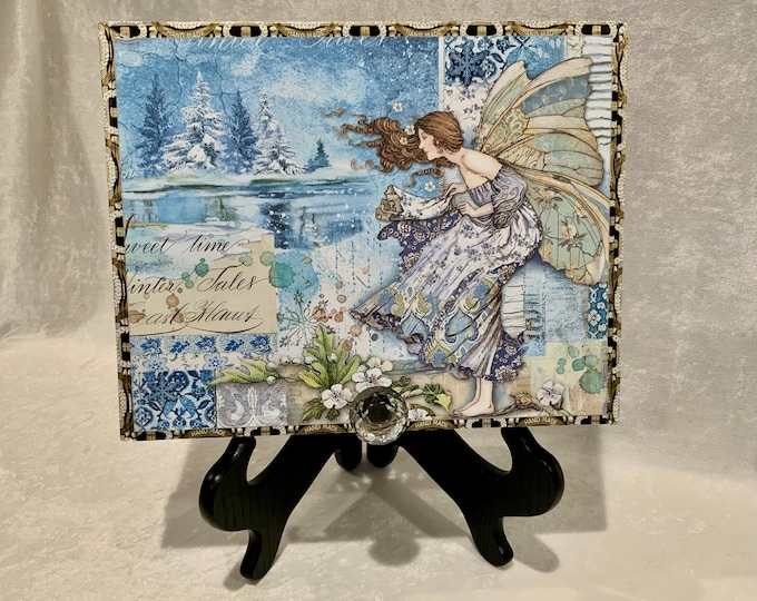 Winter Tales Decorated Cigar Box – Fairy Winter Scene Keepsake Box with Glass Knob, Blue Winter Decor - Free Shipping in US