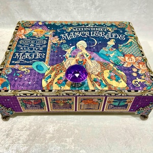 Midnight Masquerade Jewelry Box – Whimsical Keepsake Storage – Handmade Decorated Cigar Box