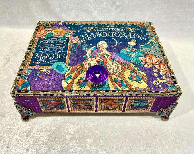 Midnight Masquerade Decorated Cigar Box – Whimsical Keepsake Storage – Handmade Jewelry Box