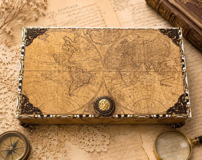 Masculine Map Decorated Cigar Box, Vintage Travel Keepsake Box, Gift for Him, Leather Lined Memory Box, Free Shipping in US