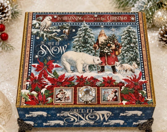 Let It Snow Christmas Decorated Cigar Box | Santa & Polar Bears | Keepsake Box | Winter Gift | Holiday Storage Box | Free Ship in US