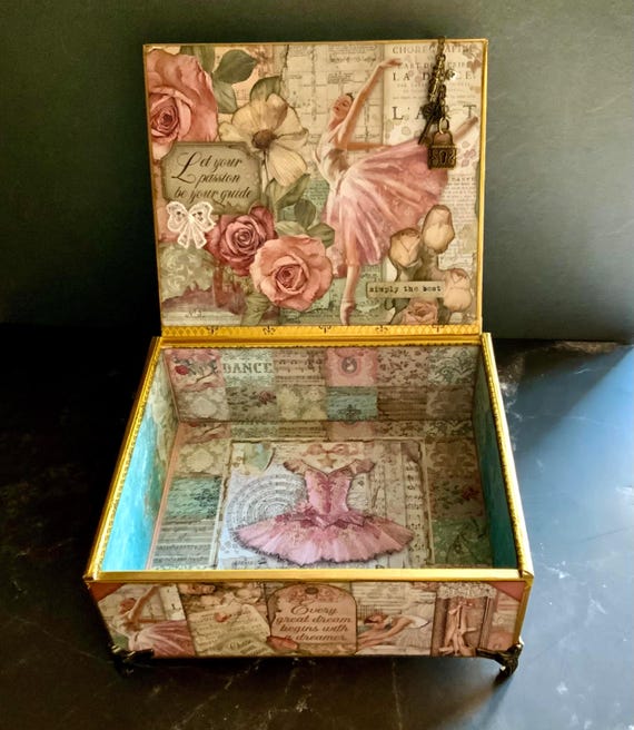 Ballerina Keepsake Box – Handmade Upcycled Cigar Box with Ballet Art, Crystal Knob, Charms & Feet, Dreamy Pink Gift for Dancer, Jewelry Box