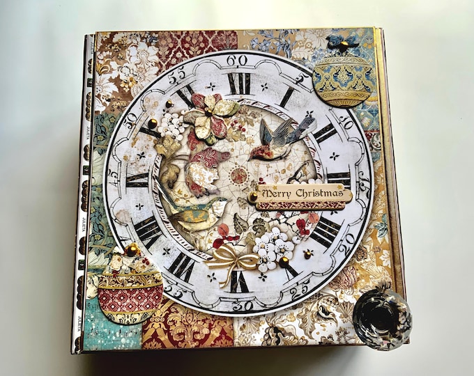 Christmas Clock Decorated Cigar Box – Vintage Holiday Keepsake Box with Glass Knob & Metal Feet – Handmade Christmas Gift